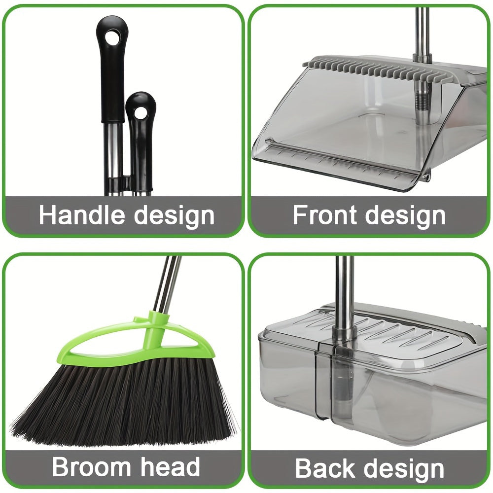 Soft Broom Soft Bristles Broom And Dustpan Set | Household Indoor Angle Broom with Standing Dust Pan, Combo Set for Room Kitchen Lobby Office, Grey