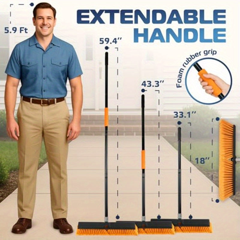 18" Heavy Duty Industrial Push Broom with 59.4" Extendable Steel Handle & 6-Row Stiff Orange Bristles - Durable Plastic Head for Concrete, Wood, Stone, Tile Floors - Indoor/Outdoor Commercial