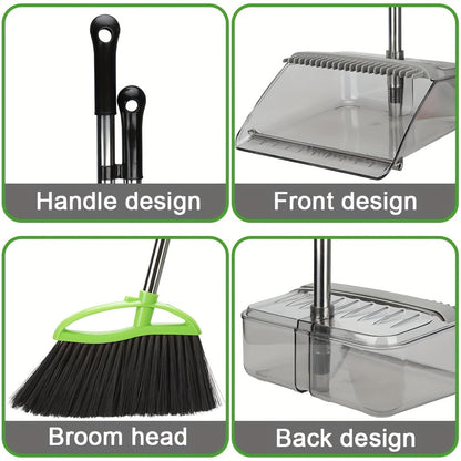 Soft Broom Soft Bristles Broom And Dustpan Set | Household Indoor Angle Broom with Standing Dust Pan, Combo Set for Room Kitchen Lobby Office, Grey