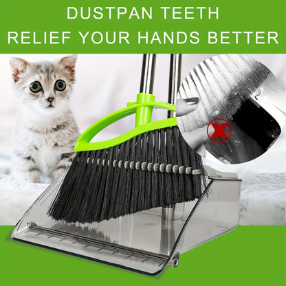 Soft Broom Soft Bristles Broom And Dustpan Set | Household Indoor Angle Broom with Standing Dust Pan, Combo Set for Room Kitchen Lobby Office, Grey