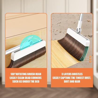 180° Rotating Broom with Adjustable Handle - 47.2 Inch Total Length, 120cm Stick Length, Ideal for Hard Floors in Living Room & Bedroom, Easy Ceiling Cleaning, White & Brown Bristles