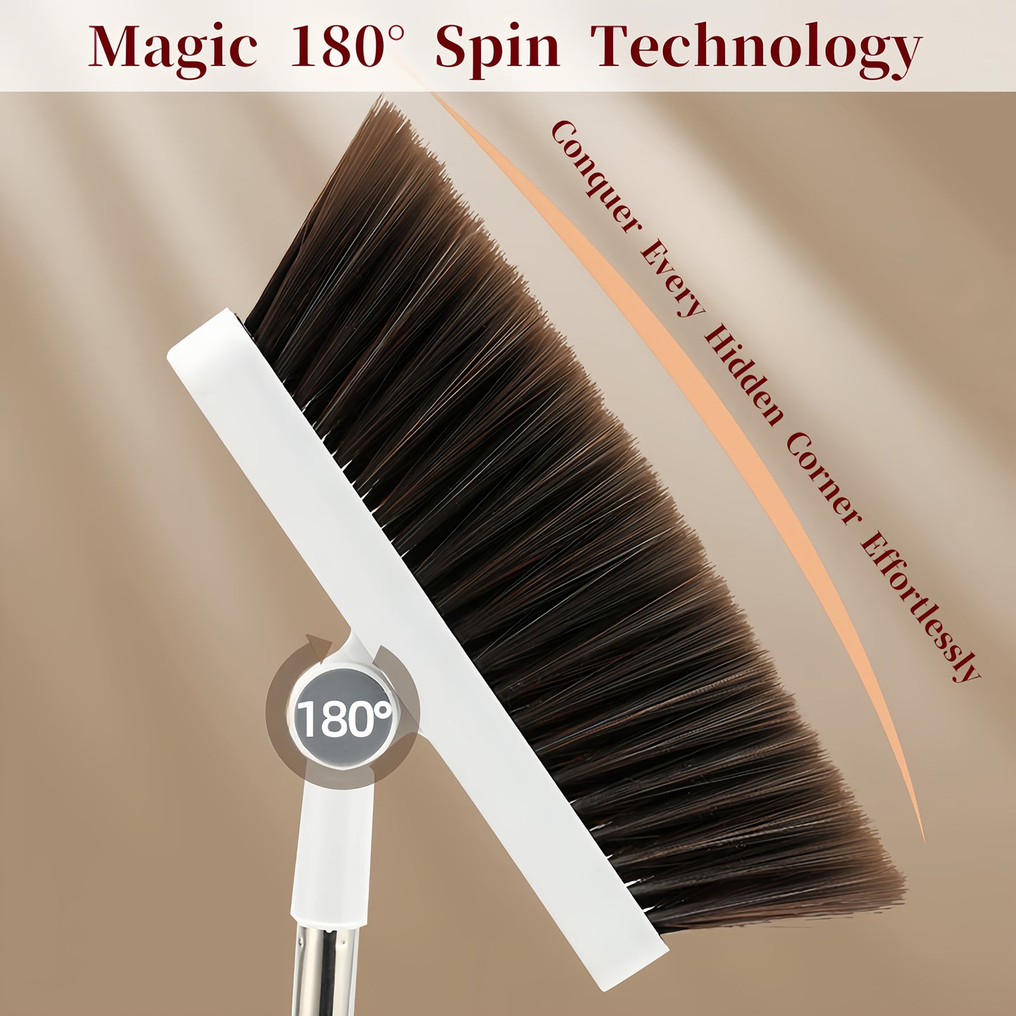 180° Rotating Broom with Adjustable Handle - 47.2 Inch Total Length, 120cm Stick Length, Ideal for Hard Floors in Living Room & Bedroom, Easy Ceiling Cleaning, White & Brown Bristles