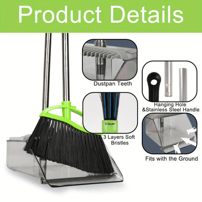 Soft Broom Soft Bristles Broom And Dustpan Set | Household Indoor Angle Broom with Standing Dust Pan, Combo Set for Room Kitchen Lobby Office, Grey